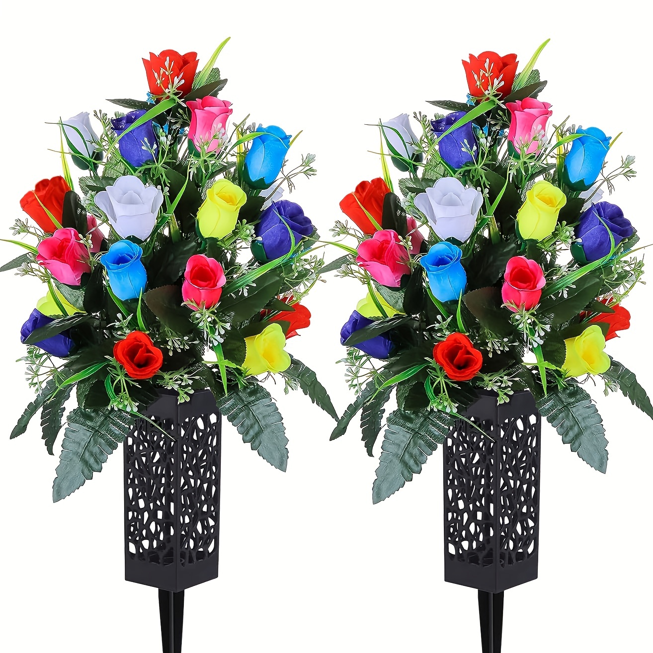 

Artificial Cemetery Flowers - Colorful Outdoor Grave Decorations Roses, Beautiful Arrangements Bouquet With Vase, Long-lasting Non-bleed Colors For Anniversary Home Decor - 1pc/set