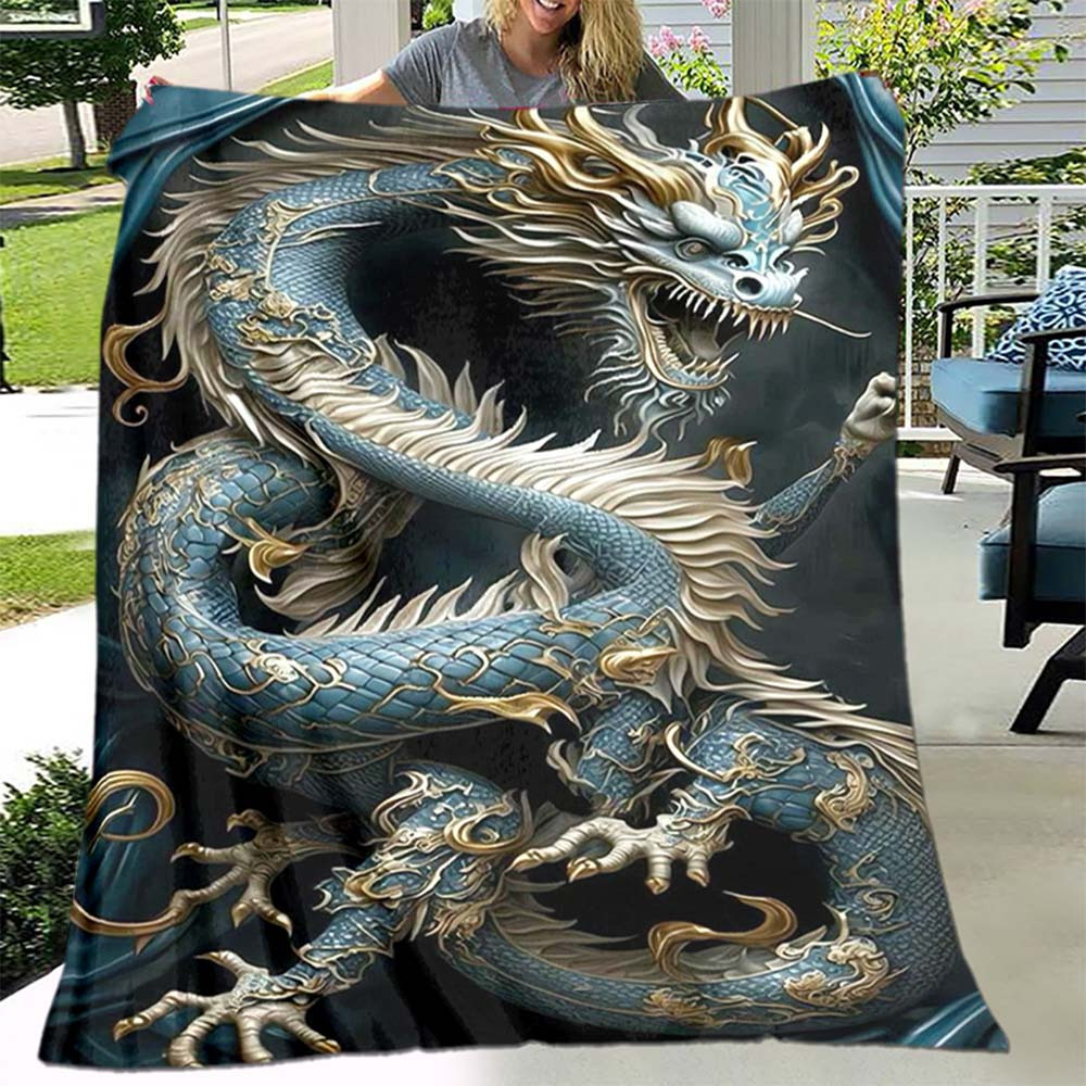

1pc Cozy Chinese Dragon Print Flannel Blanket, Soft Warm Throw Blanket Nap Blanket For Couch Sofa Office Bed Camping Travelling, Multi-purpose Holiday Gift Blanket