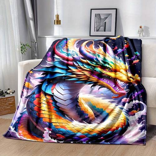 1pc Cozy Colorful Loong Print Flannel Blanket, Soft Warm Throw Blanket Nap Blanket For Couch Sofa Office Bed Camping Travelling, Multi-purpose Holiday Gift Blanket