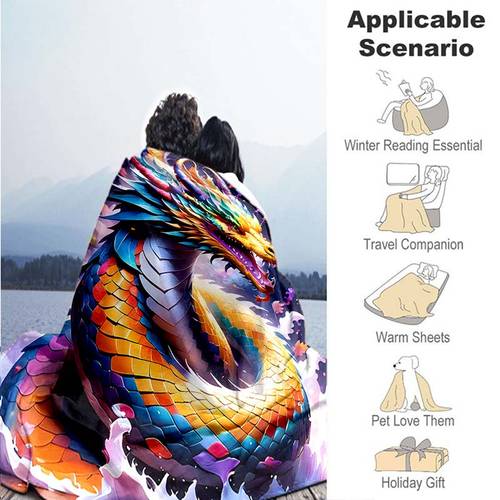 1pc Cozy Colorful Loong Print Flannel Blanket, Soft Warm Throw Blanket Nap Blanket For Couch Sofa Office Bed Camping Travelling, Multi-purpose Holiday Gift Blanket