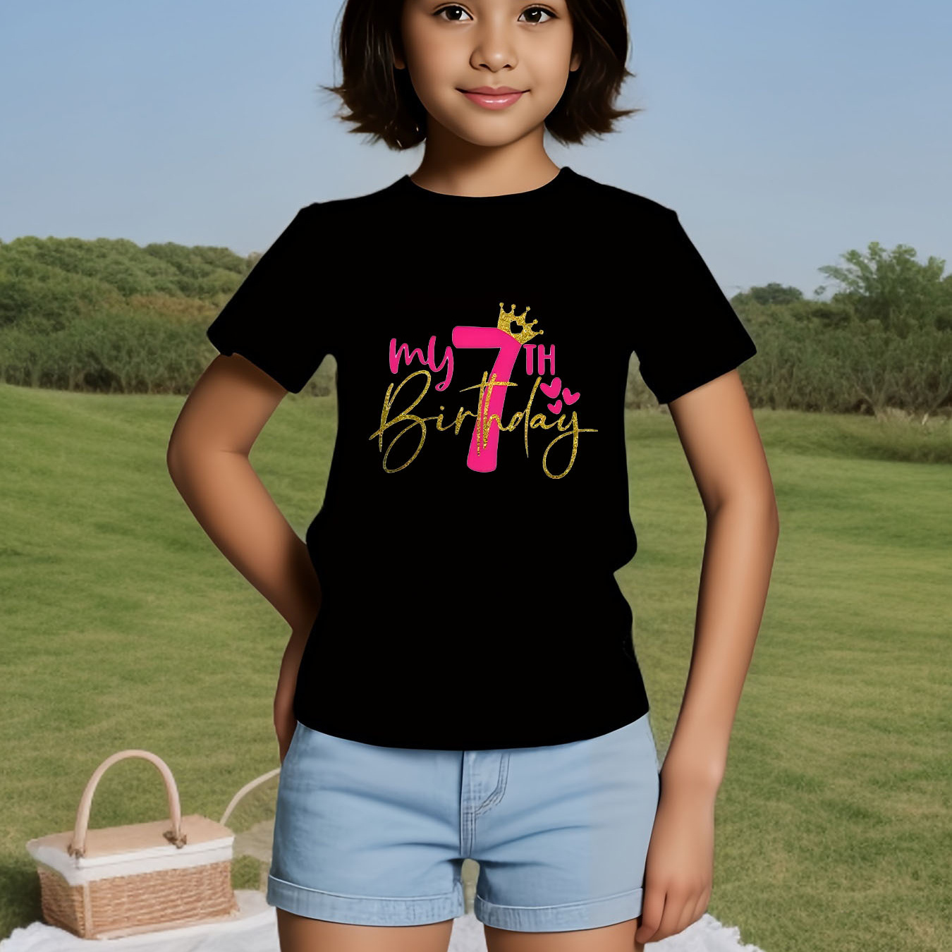 

My 7th Birthday Print Girl's Cotton Casual Comfy Short Sleeve T-shirt Simple Style Tee Skin-friendly Breathable Top For Spring Summer Holiday Vocation