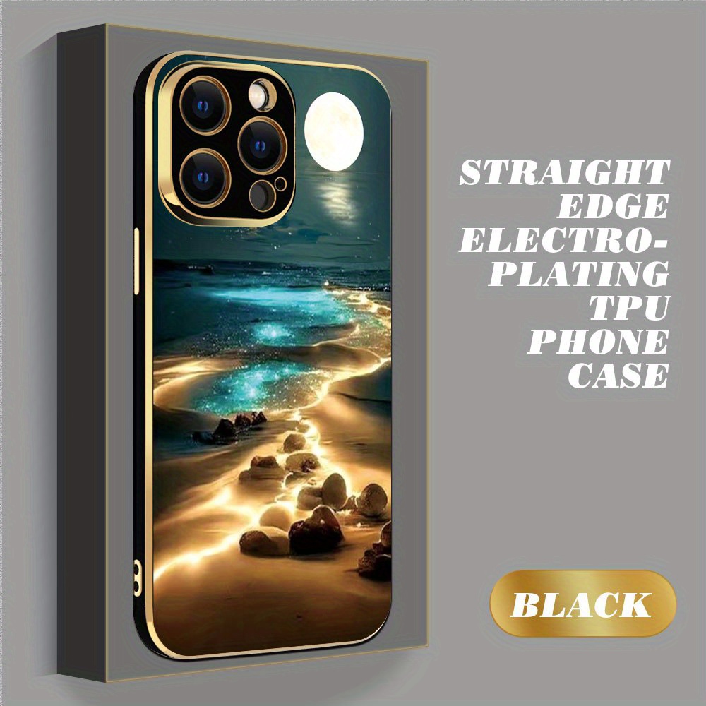 

Green Aurora Beach Round Moon Night Color Fashion Electroplating Case Black Durable Phone Case Non-slip Durable For Iphone 15/14/13/12/11 Plus Pro Max