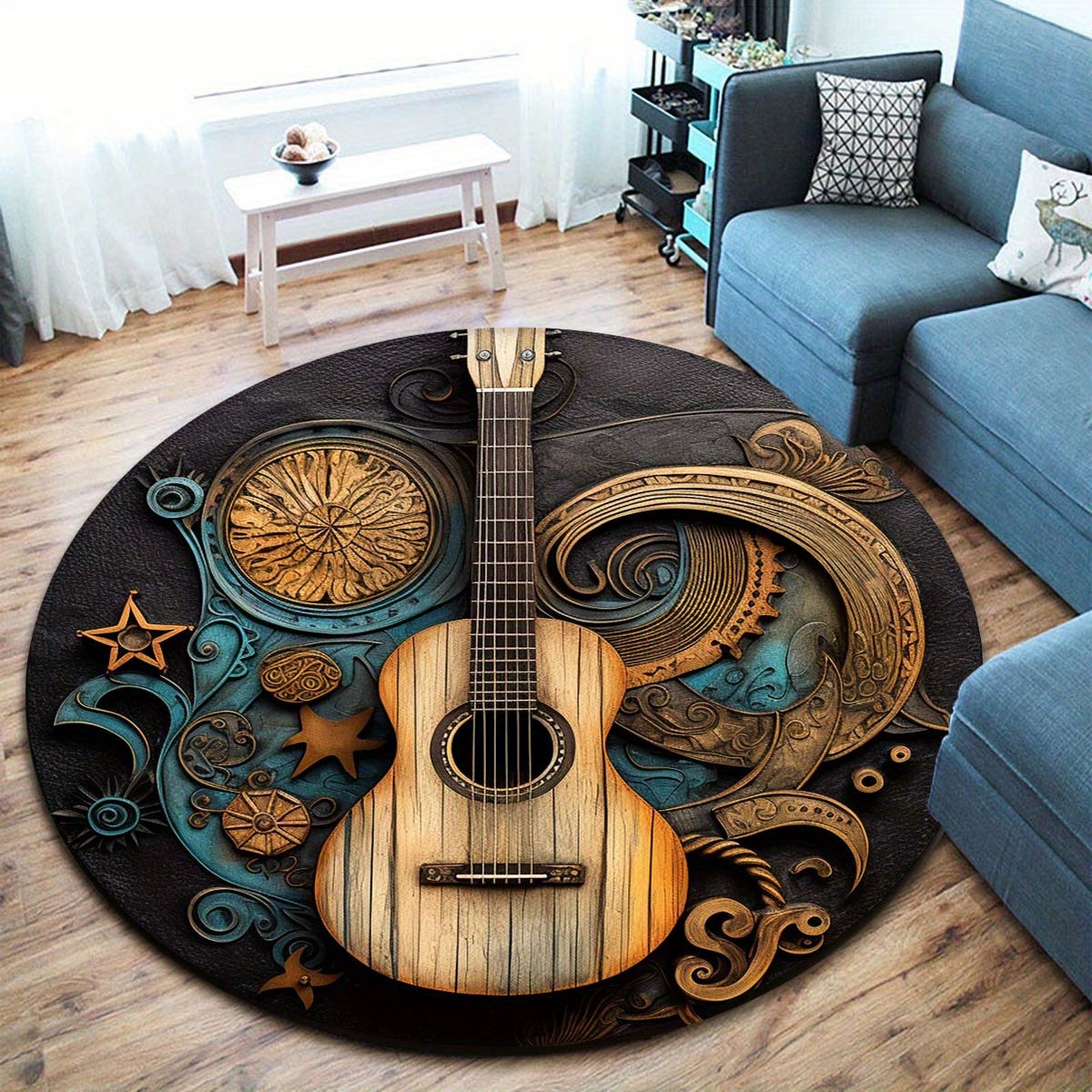 

1pc, Guitar Carpet Round Carpet Indoor Non-slip Carpet Non-shedding Floor Mat Suitable For Bedroom Living Room Bathroom Office Home Decoration Room Decoration