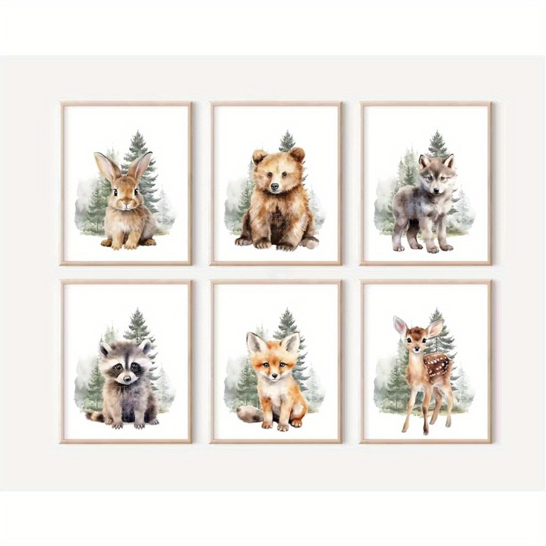 

6pcs Woodland Animal Set - Watercolor Bear, Deer & Fox Prints For Nursery And ' Bedroom Decor, , Room Decor