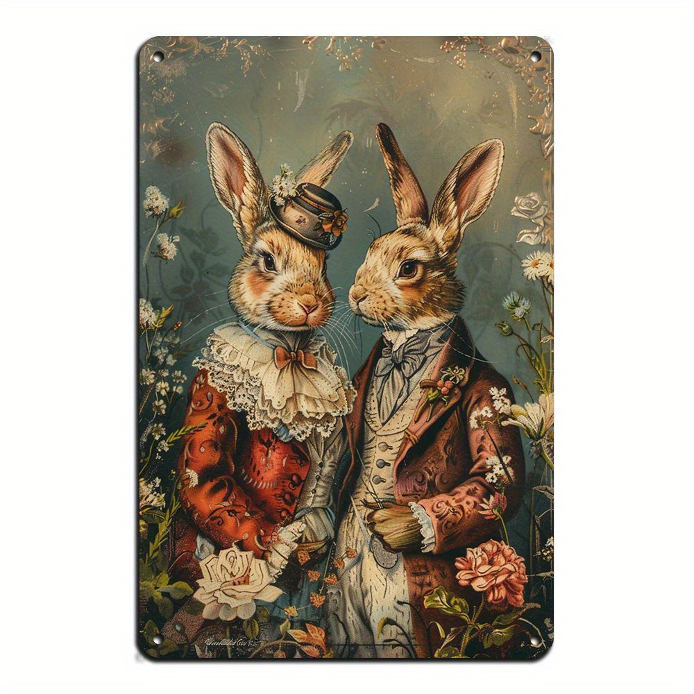 

Vintage Couple Rabbit Aluminum Sign - 12x8 Inch Decorative Metal Plaque For Home Bar, Cafe, Or Farmhouse