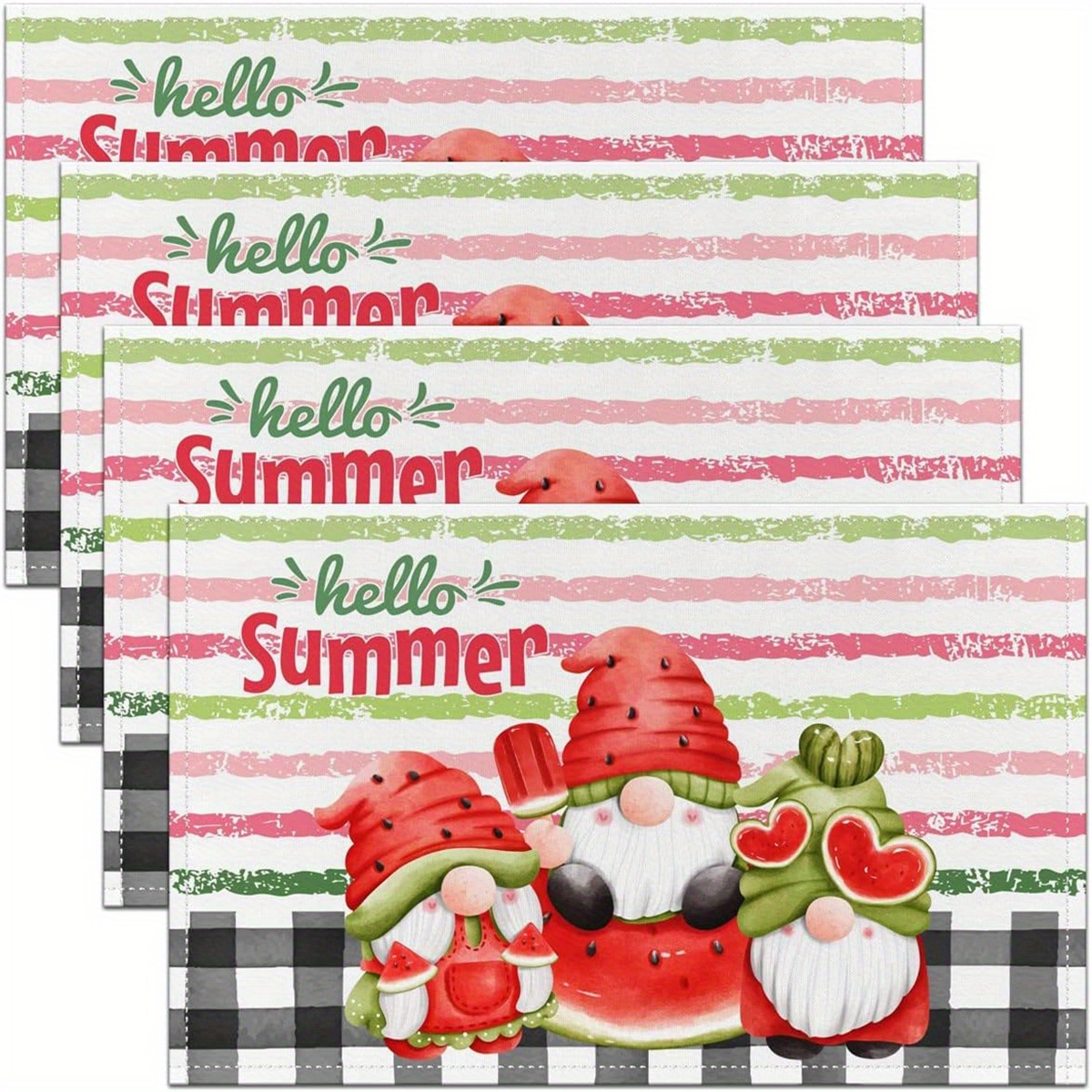 

1/4/6pcs, Placemats, Cartoon Cute Watermelon Gnome Pattern, Summer Theme Decorative Table Pads, Seasonal Farmhouse Table Decor, Perfect For Home, Party, Dining Room & Kitchen Use