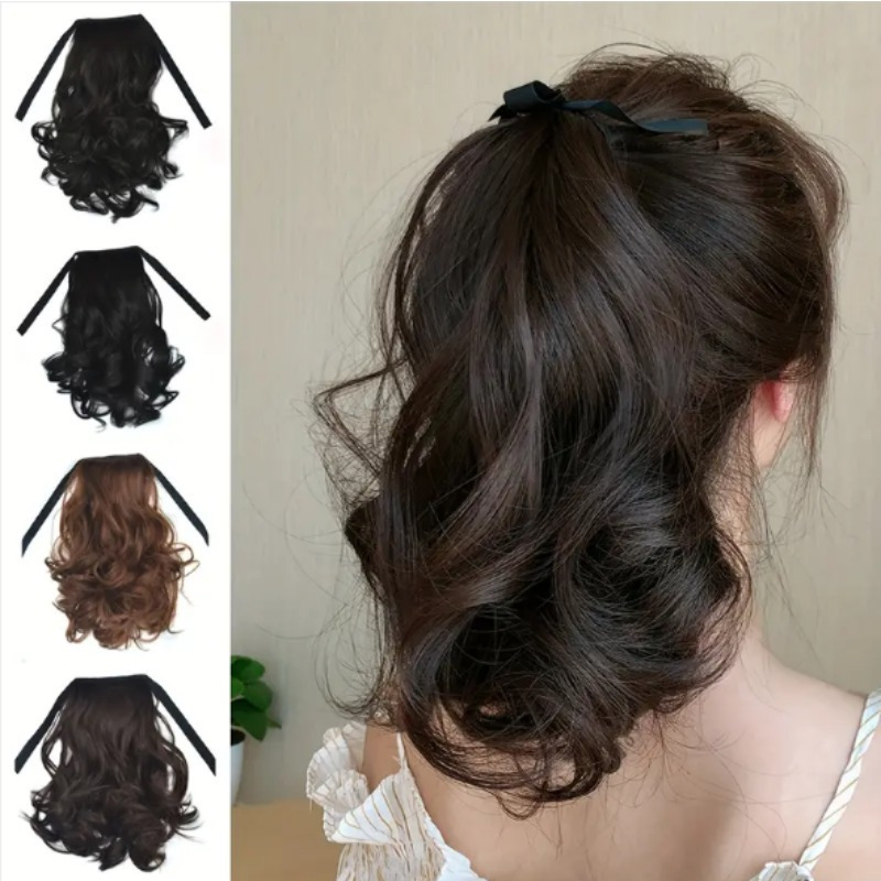

Ponytail With Ribbon Ties Wrapped Around Curly Wavy Ponytail Extensions Synthetic Hair Extensions Elegant For Daily Use Hair Accessories