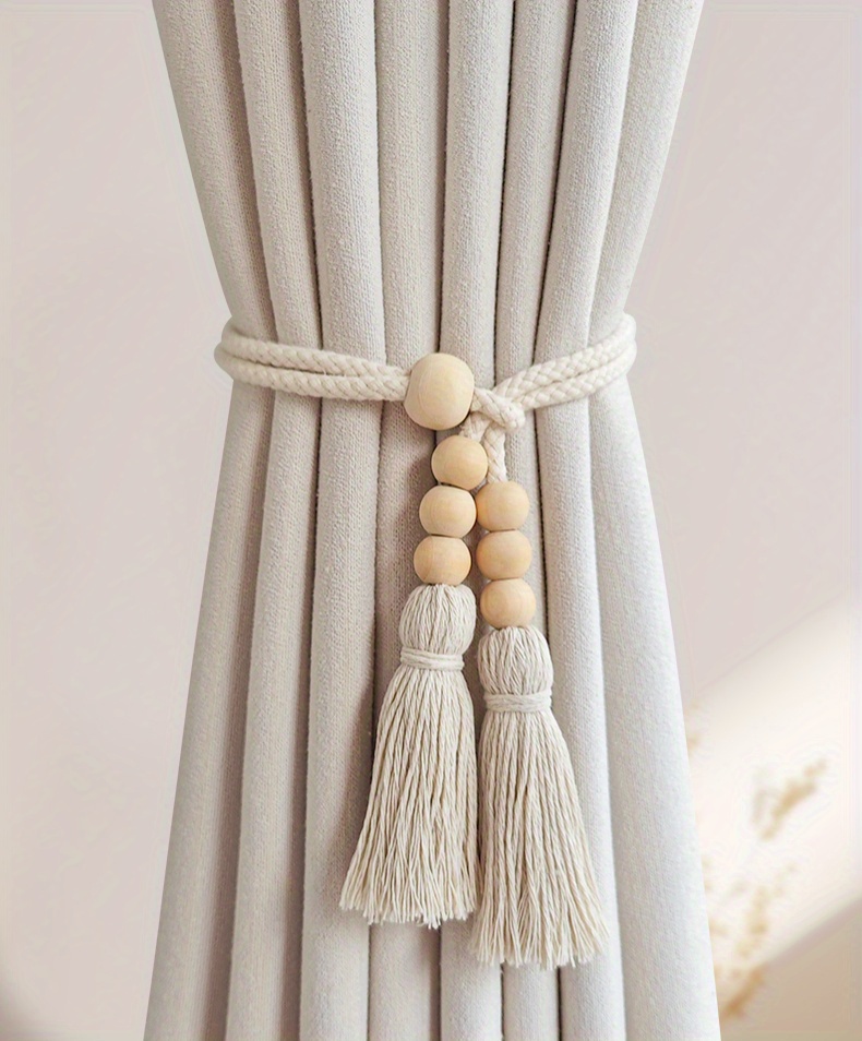 2pcs bohemian style curtain tiebacks wood beaded curtain holdback with tassels home decor for living room bedroom kitchen details 0