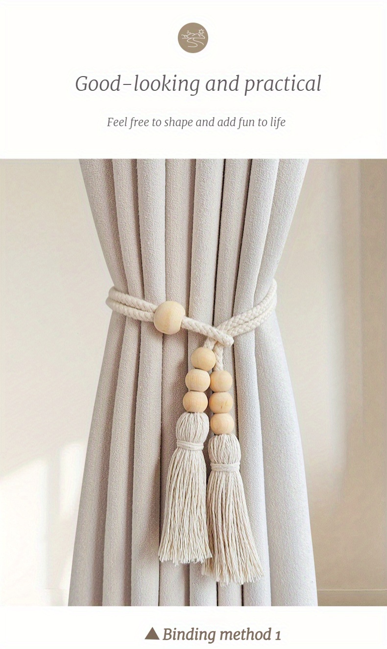 2pcs bohemian style curtain tiebacks wood beaded curtain holdback with tassels home decor for living room bedroom kitchen details 5