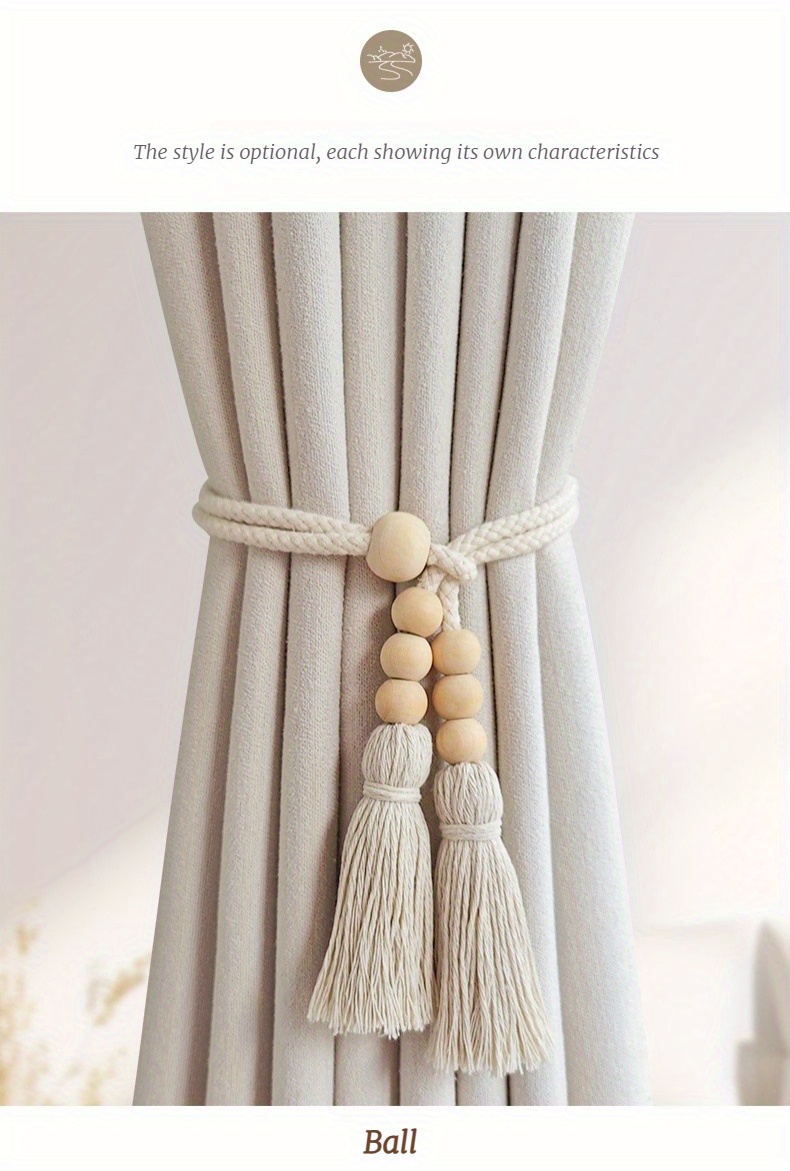 2pcs bohemian style curtain tiebacks wood beaded curtain holdback with tassels home decor for living room bedroom kitchen details 9