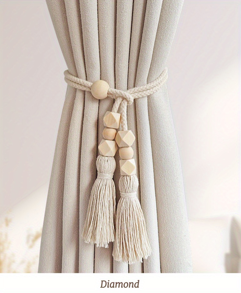 2pcs bohemian style curtain tiebacks wood beaded curtain holdback with tassels home decor for living room bedroom kitchen details 10