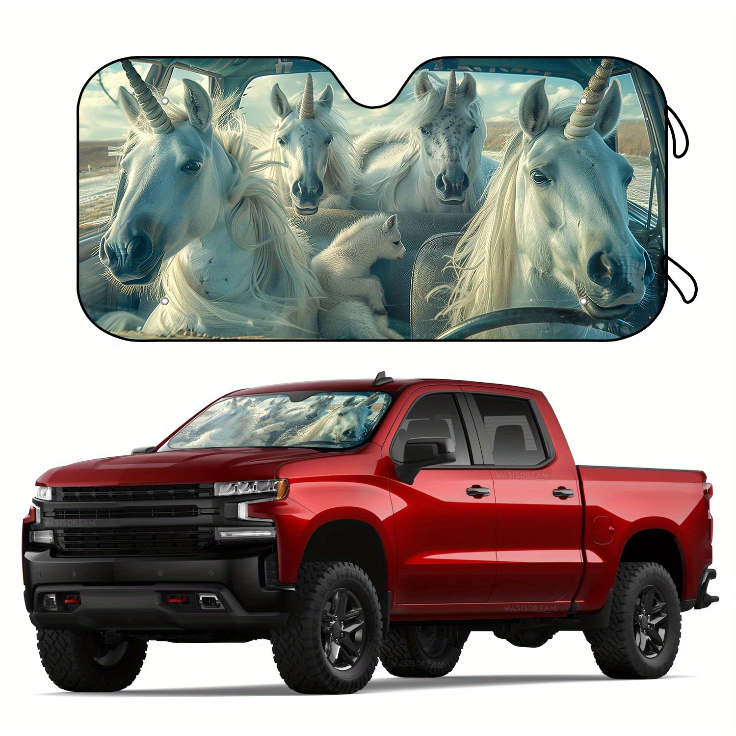 

1pc 57" X 27.5" White Horse Unicorn Car Windshield Shade With 4 Free Suction Cups Universal Fit Car Front Windshield Sunshade-uv Protection Keep Your Vehicle Cool