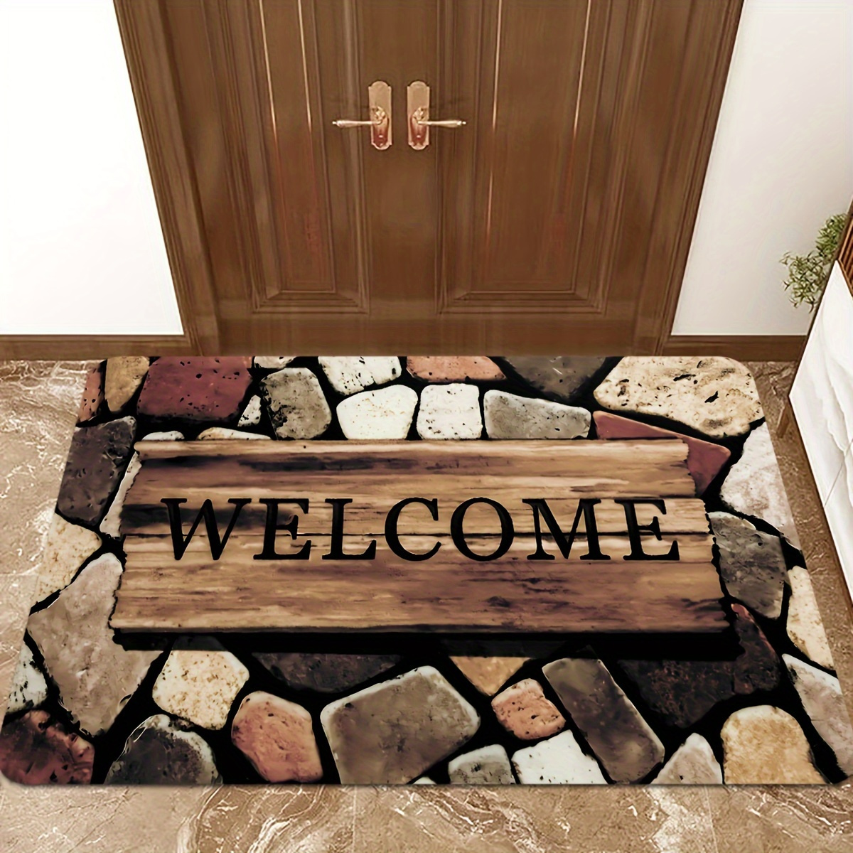 

1pc Welcome Doormat, Modern Stone Splicing Print Carpet, Anti Slip Polyester Floor Mat, Suitable For Kitchen, Living Room, Entrance Balcony, Home Decoration