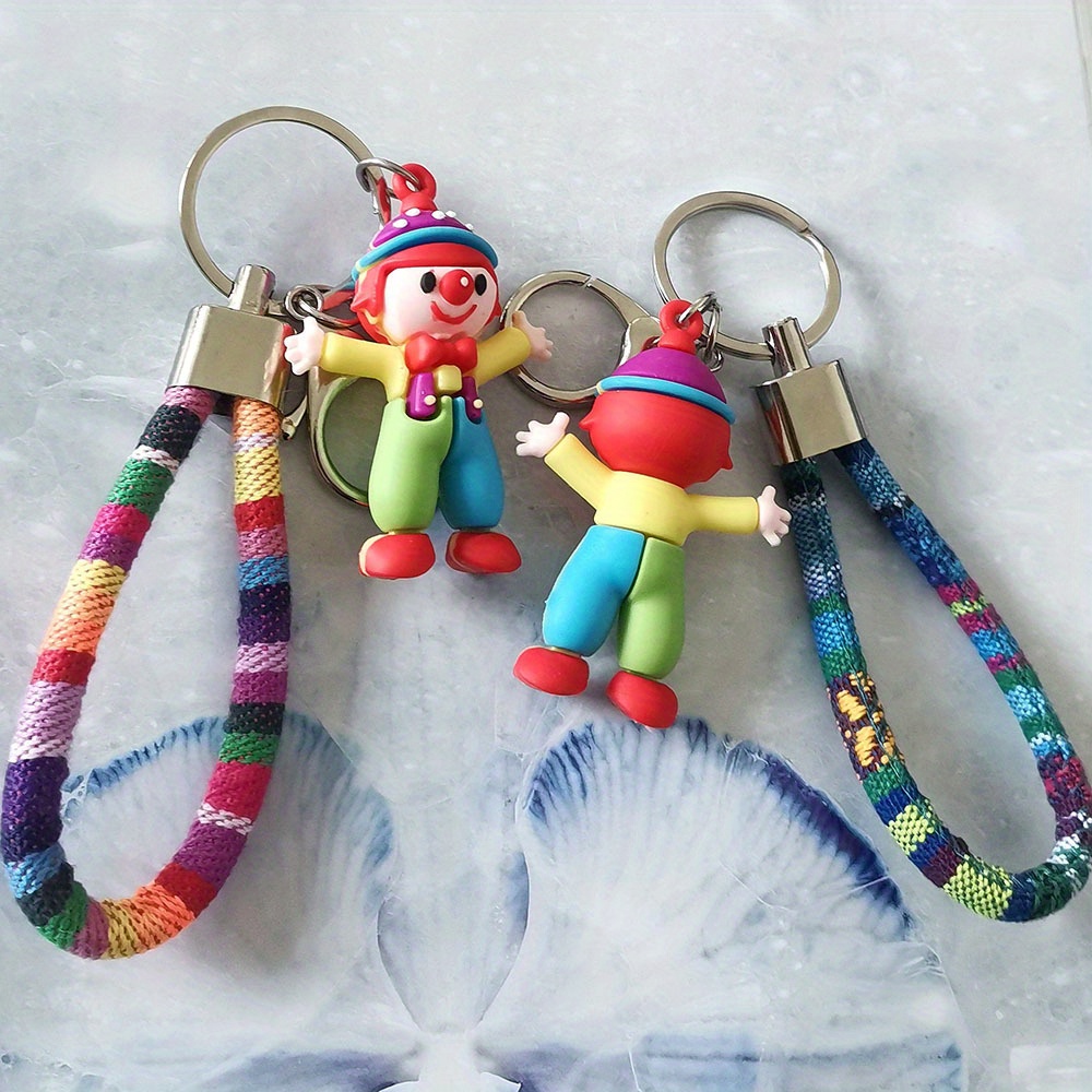 

Cartoon Funny Clown Keychains, 3d Soft Rubber Doll Pendants With Colorful Woven Bands, Keyring For Bag Accessories