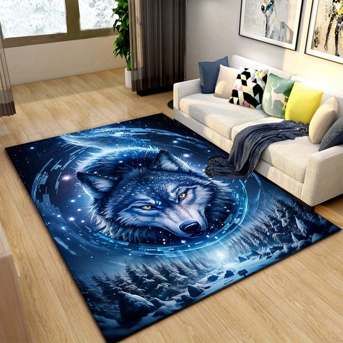 

1pc Wolf Pattern Area Rug, Non-slip Stain Resistant Floor Mat, Polyester Fiber Carpet, Perfect For Living Room, Bedroom And Office, Outdoor And Indoor Decor, Aesthetic Room Decor, Home Decor, Rv Decor