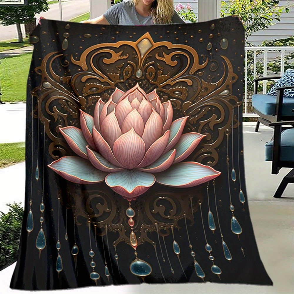 

1pc Throw Blanket, Lotus Flower Printed Blanket, Warm Cozy Soft Blanket For Couch Bed Sofa Car Office Camping Travelling, Nap Blanket Suitable For All Seasons