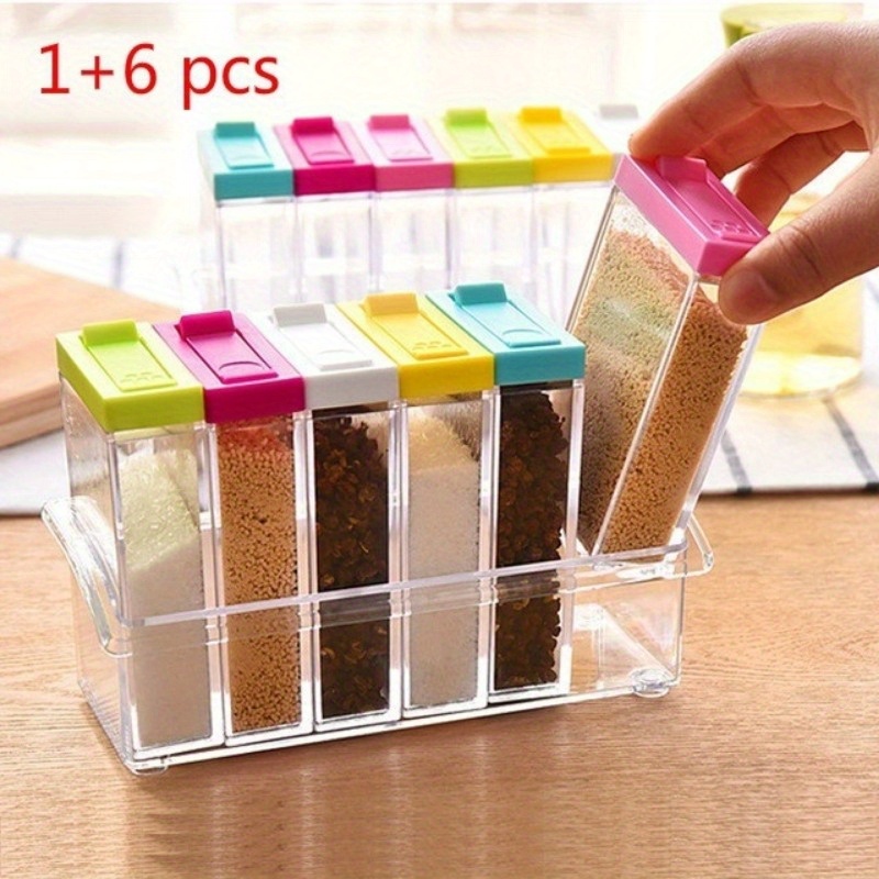 TEMU Space-saving 1 Spice Jar Set-6pcs | Clear Plastic Spice Organizer With Lids & Shower Spoones | Countertop Storage For Salt, Pepper, , Cooking