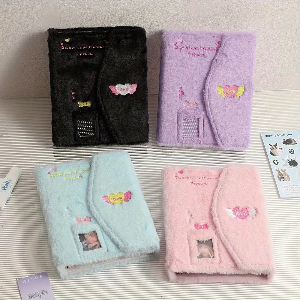 

1pc, Fuzzy Embroidered A5 Binder Album, 4-pocket Card Holder, Cute Plush Photo Storage Album With Pockets, Student Gift, Idol Card Anime Card Organizer