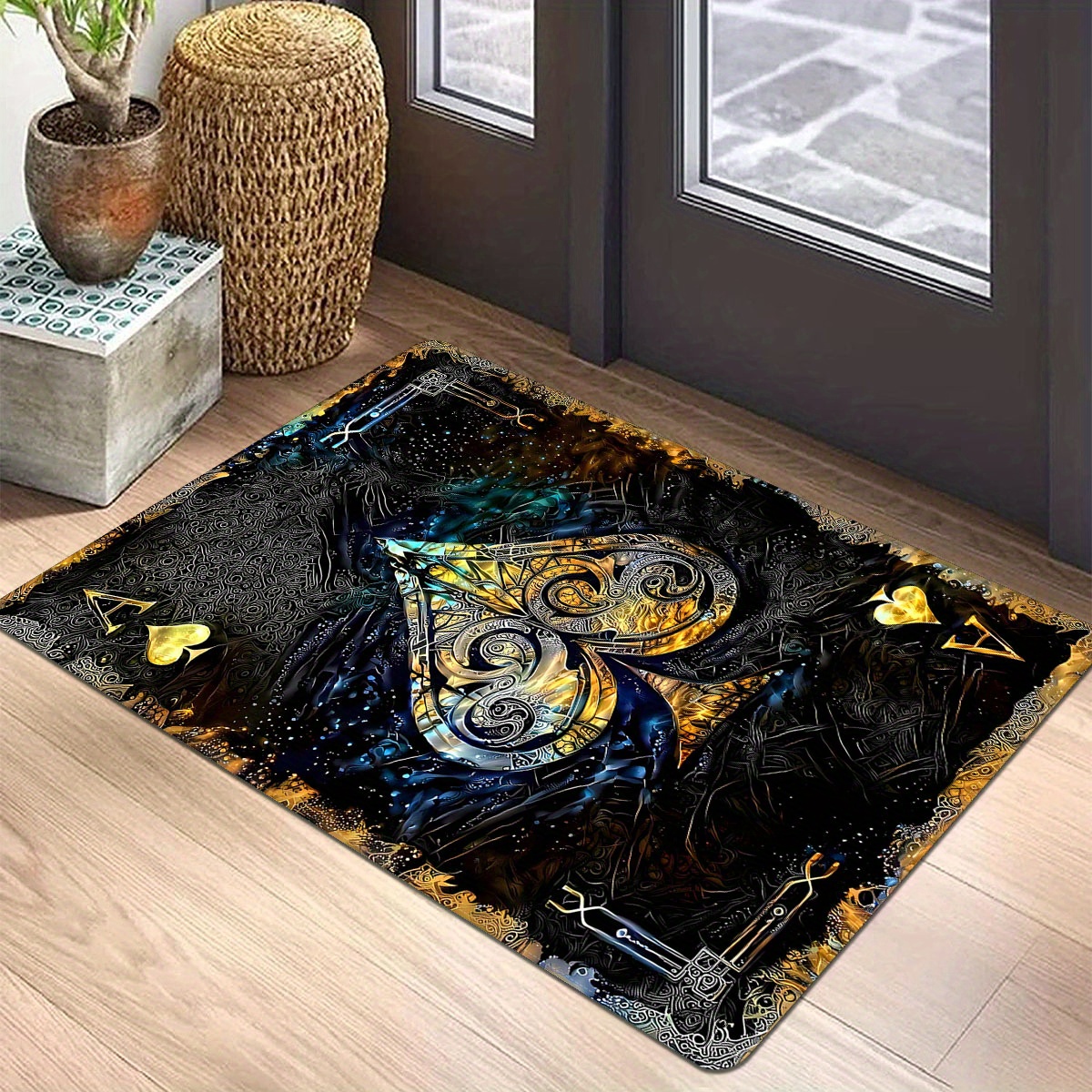 

1pc Non Slip Doormat, Stain Resistant Lightweight Floor Mat, Painted Playing Cards Dazzling Elements Printed Pattern Rug, Home Decor