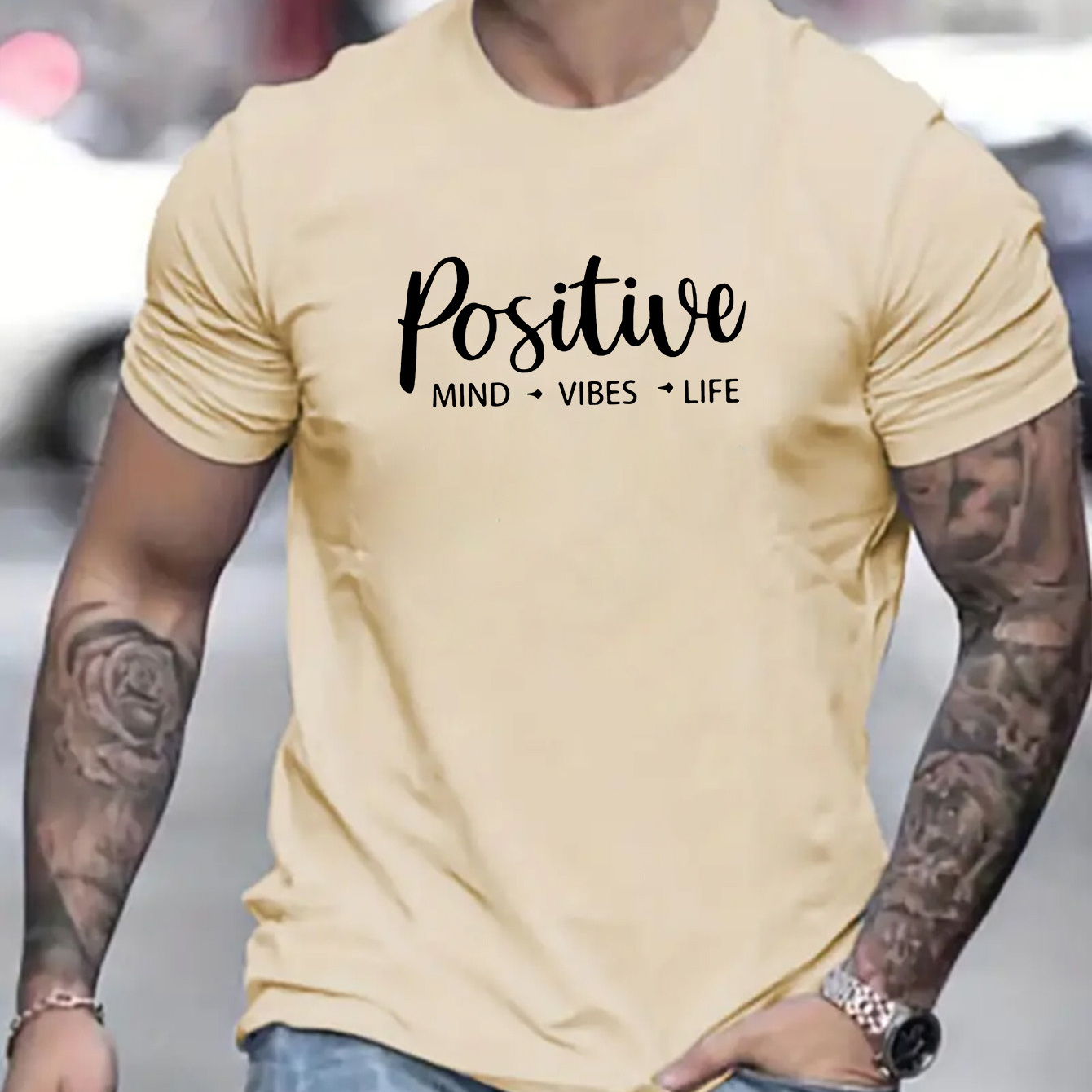 

Positive Mind Print, Men's Round Crew Neck Short Sleeve, Simple Style Tee Fashion Regular Fit T-shirt, Casual Comfy Top For Spring Summer Holiday Leisure Vacation Men's Clothing As Gift
