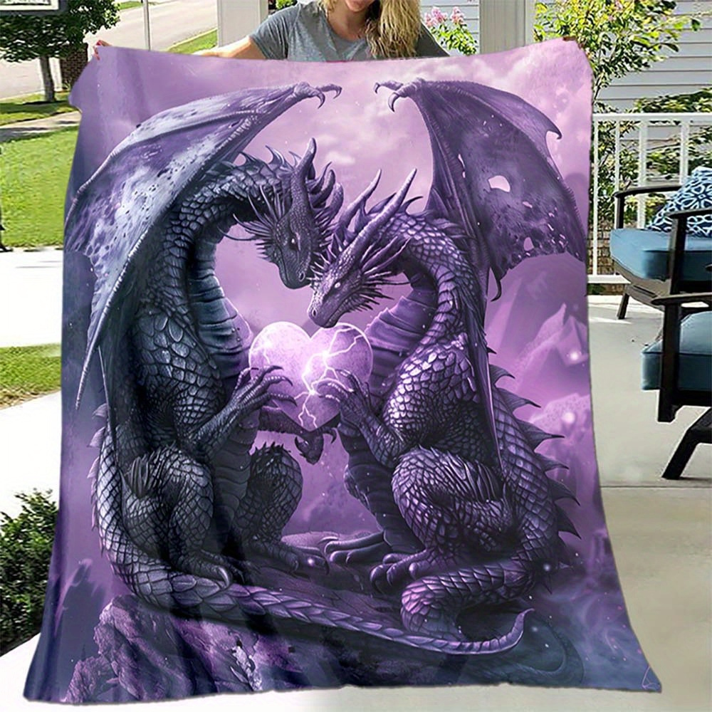 

1pc Throw Blanket, Double Purple Dragon Printed Blanket, Warm Cozy Soft Blanket For Couch Bed Sofa Car Office Camping Travelling, Nap Blanket Suitable For All Seasons