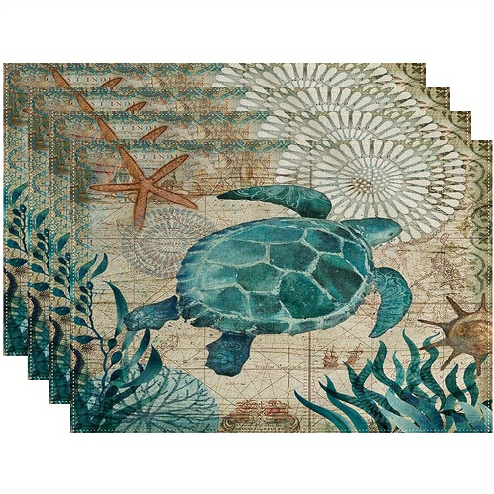 

1/4/6pcs, Placemats, Sea Turtle Starfish Pattern, Summer Theme Decorative Table Pads, Seasonal Farmhouse Table Decor, Perfect For Home, Party, Dining Room & Kitchen Use