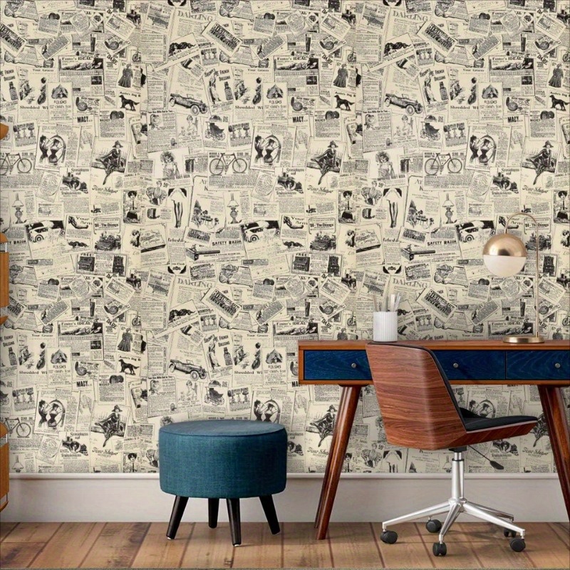 

1 Roll Vintage Newspaper Print Wallpaper, Self-adhesive & Removable, Peel And Stick Vinyl Wall Decor For Tables, Shelves, Drawers Liner, Stripe And Shape Style, Home Office Renovation