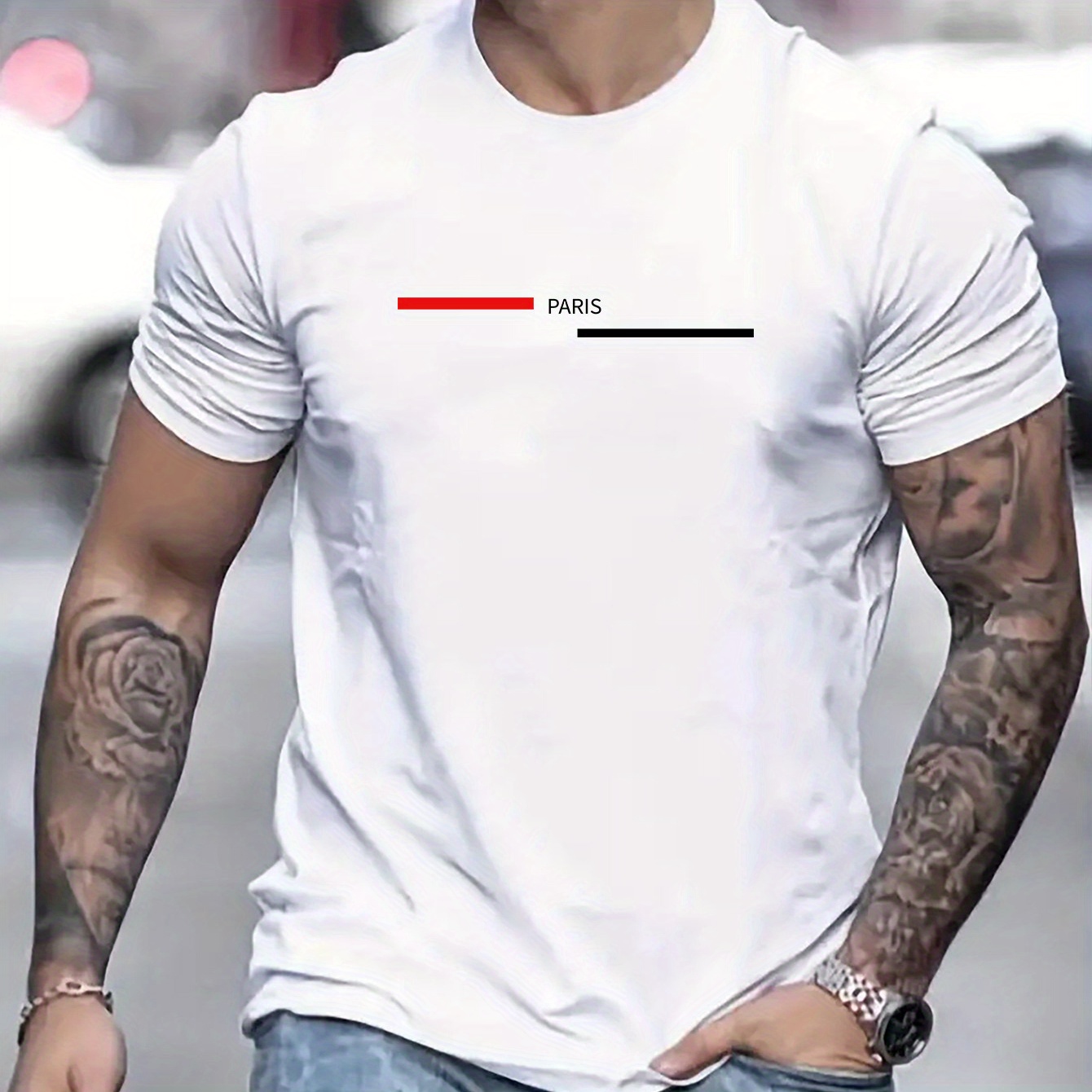 

Paris Print, Men's Round Crew Neck Short Sleeve, Simple Style Tee Fashion Regular Fit T-shirt, Casual Comfy Top For Spring Summer Holiday Leisure Vacation Men's Clothing As Gift