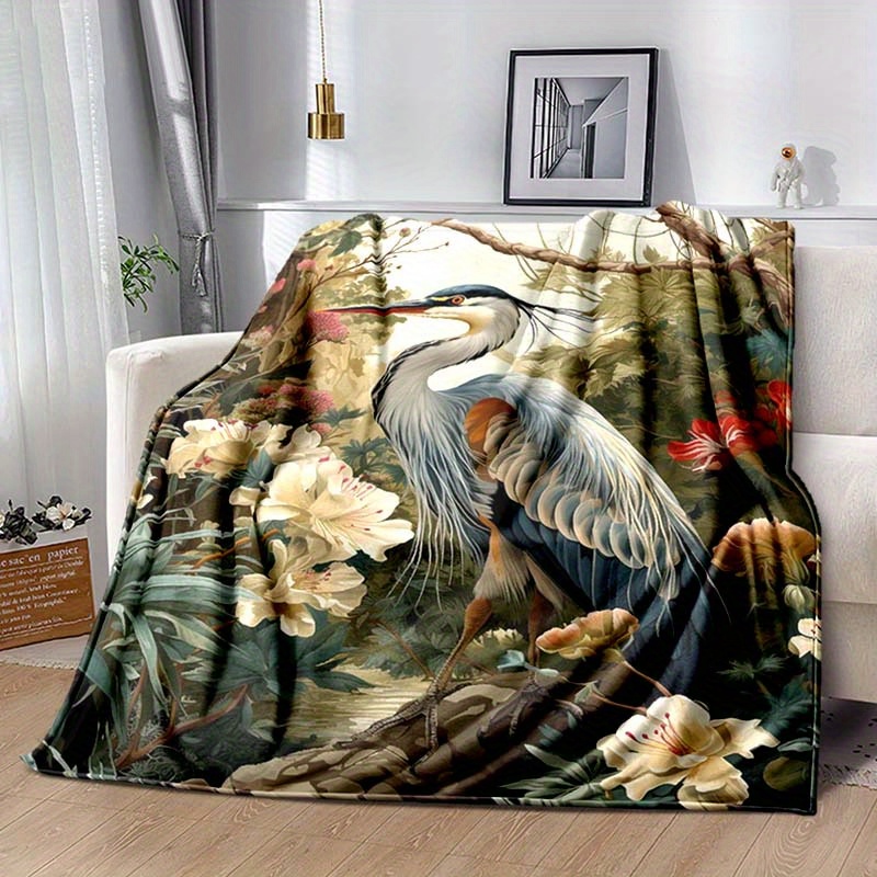 

3d Vintage Crane Bird Printed Flannel Blanket, Animal Blanket For Bed Sofa Office, Adult Blanket, Room Decor