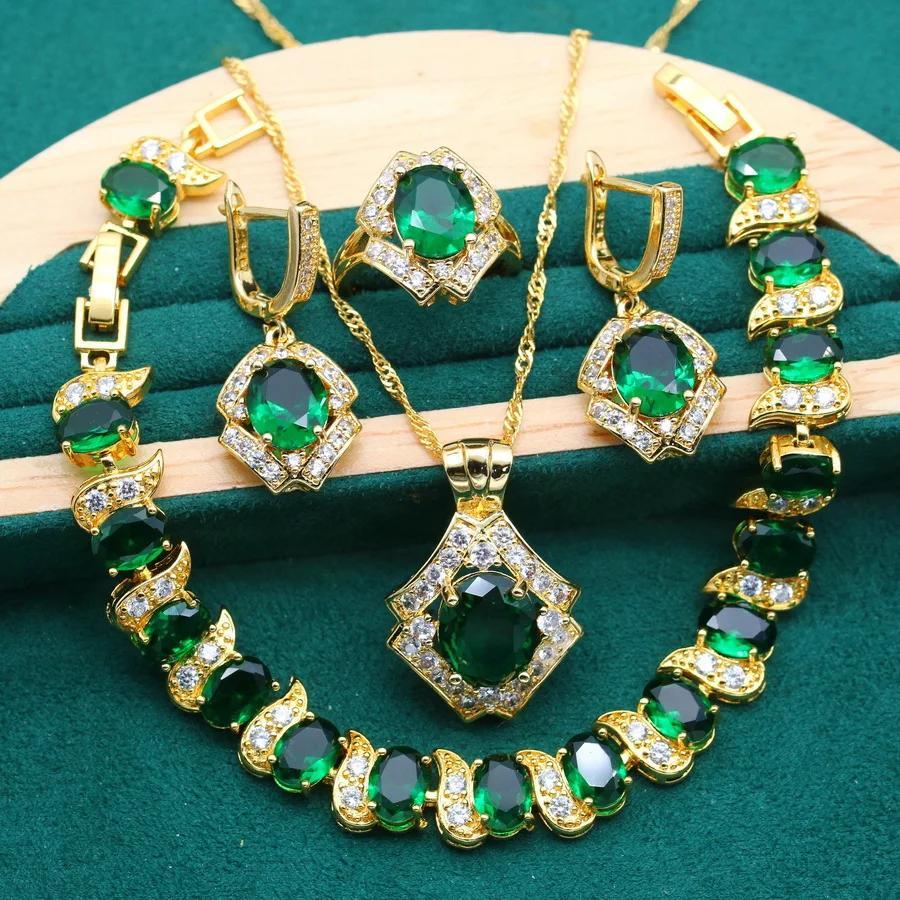 

Elegant Vintage Style -tone Green Zircon Jewelry Set, Includes Wedding Bracelet, Earrings, Necklace Pendant & Adjustable Ring, Ideal For Dating & Gifts For Women Gifts For Eid
