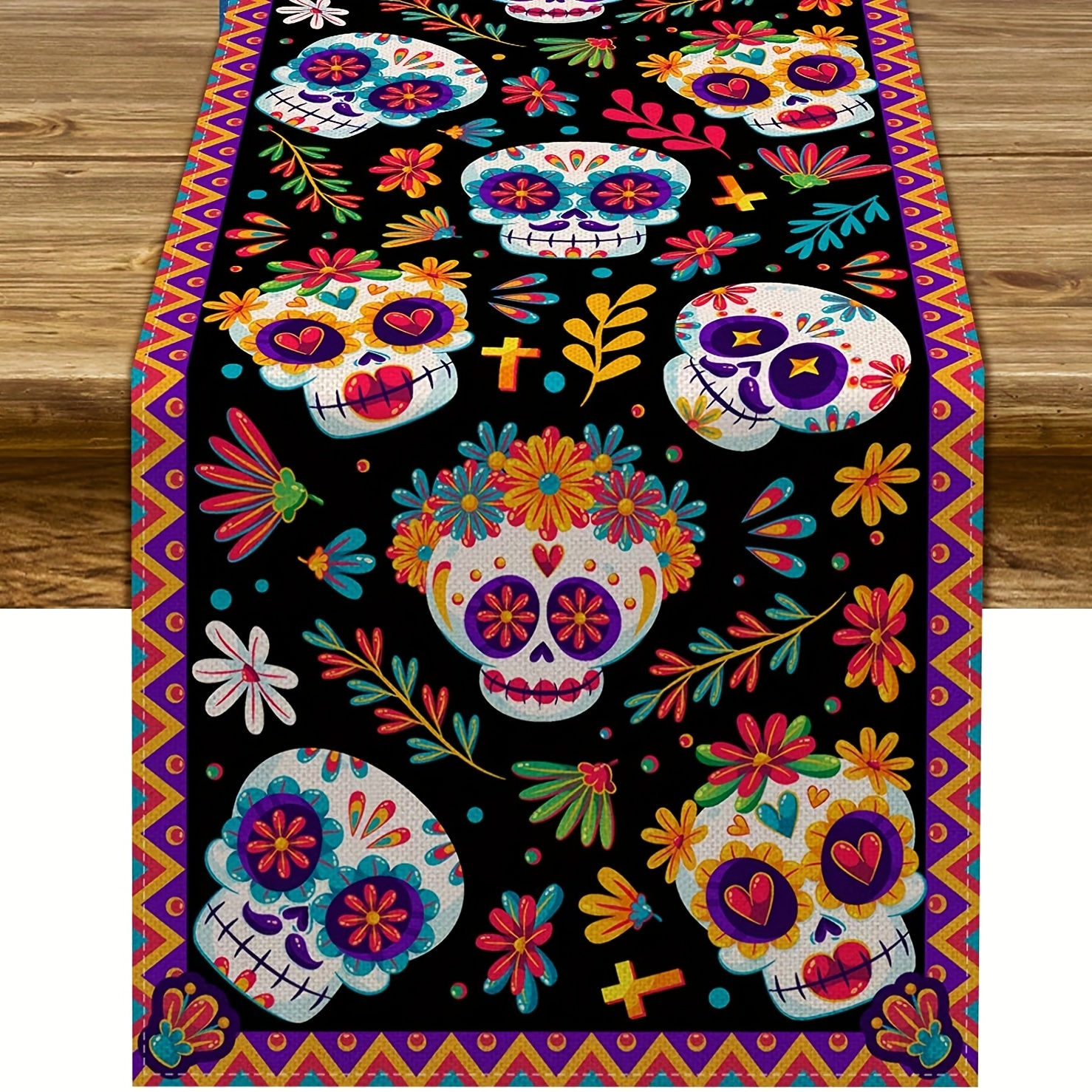 

1pc, Table Runner, Day Of The Dead Polyester Table Runner (14''x 72''/ 36cm*183cm), Mexican Motif, Waterproof & Stain Resistant, Festive Burlap Dresser Scarf, Halloween Party & Holiday Home Decor