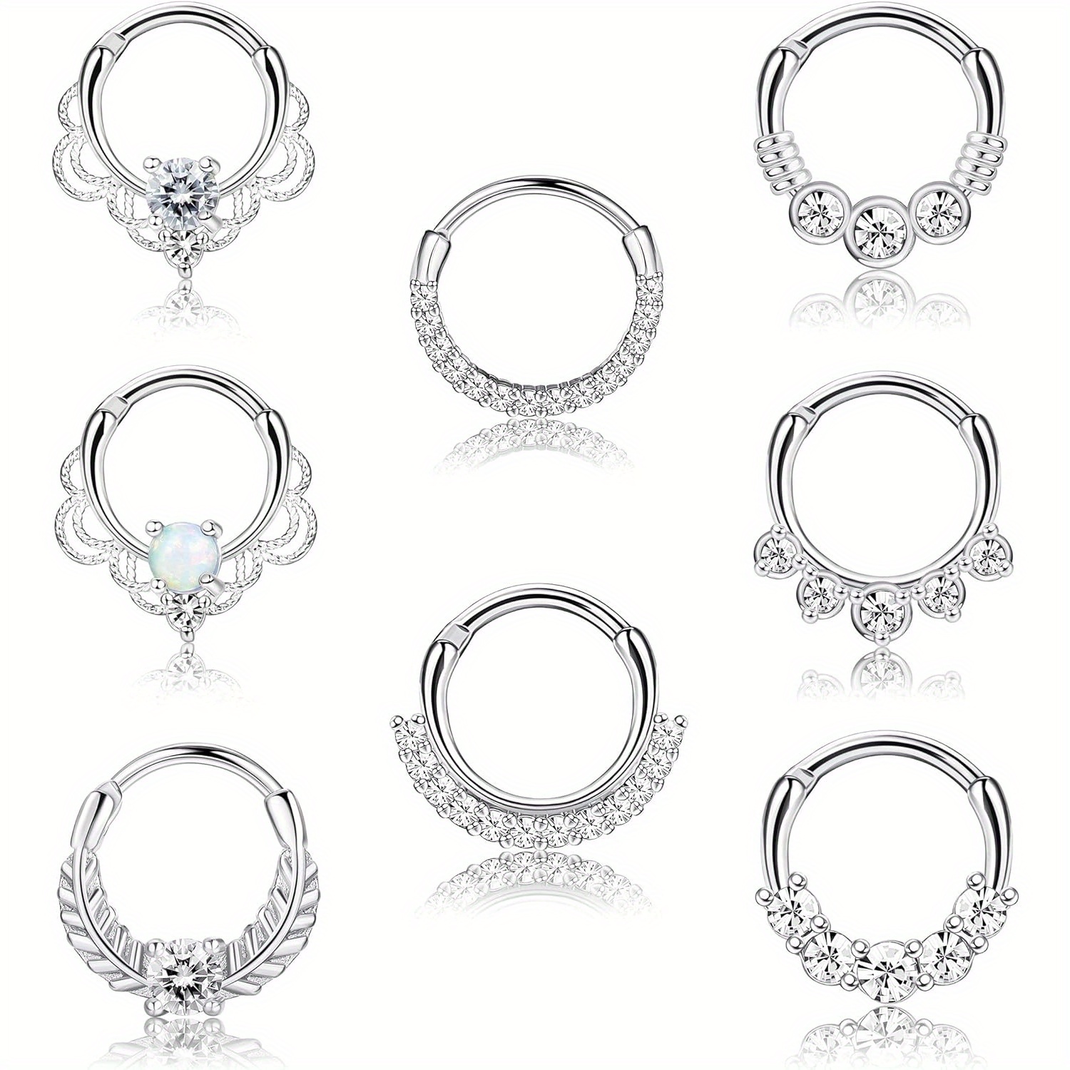 

1pcs 8mm/10mm Septum Clicker Ring Stainless Steel Cz Opal Cartilage Tragus Hoop Daith Earrings Nose Rings Hoop Hinged Clicker Ring Piercing Jewelry