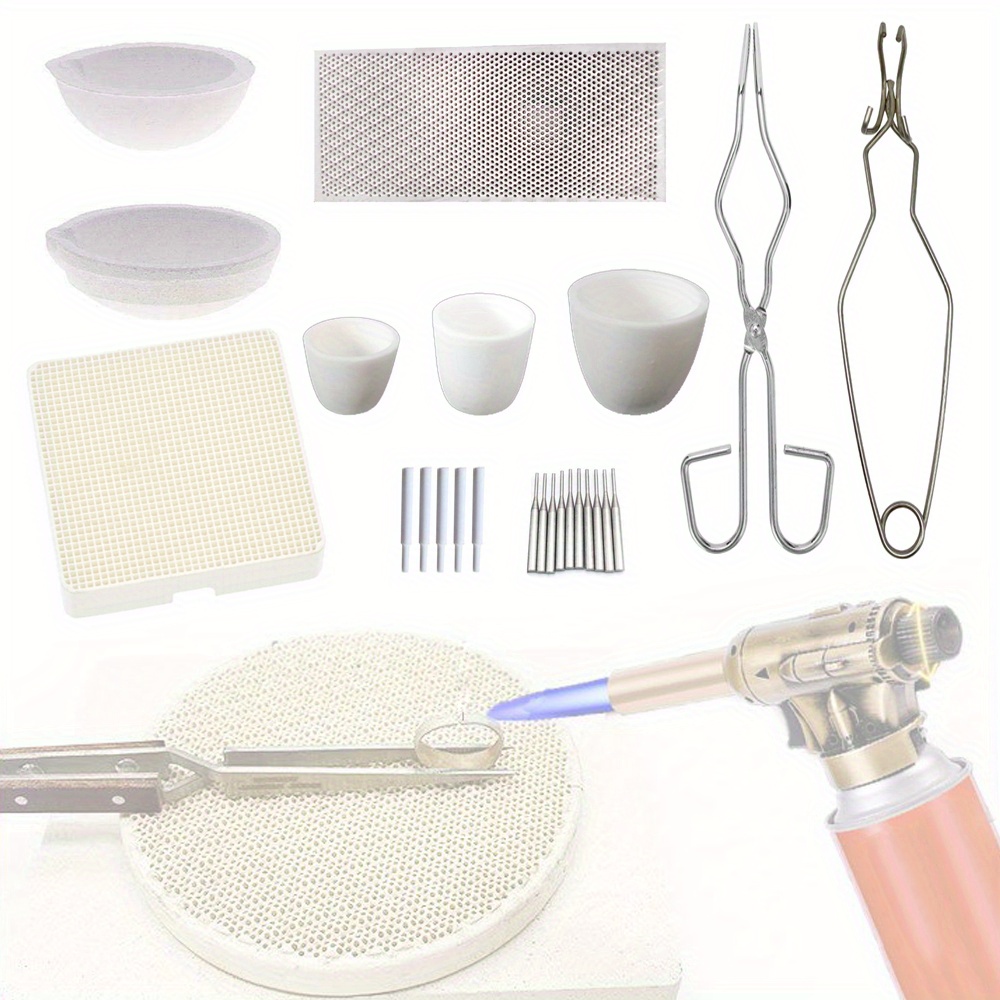 

Jewelry Making Welding Melting Casting Kit, With Insulating Fire Brick, Honeycomb Ceramic Soldering Board, Angular Tong, & Quartz Crucibles, Stainless Steel Pliers