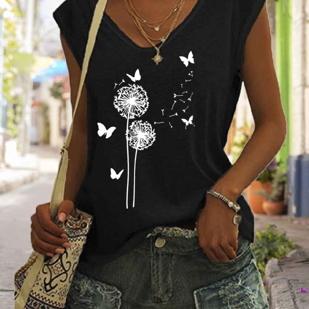 

Butterfly & Dandelion Print Tank Top, Sleeveless Casual Top For Summer & Spring, Women's Clothing