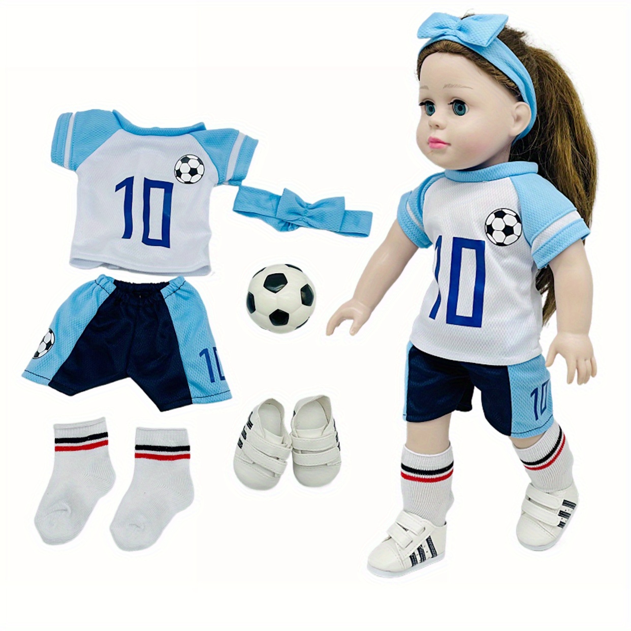 

Doll Clothes Accessories, Soccer Outfits Set For 18 Inch Dolls, Including Shirt, Shorts, Headband, Socks, Shoes, And Football, Suitable For Bitty 15 Inch Doll, Doll Not Included