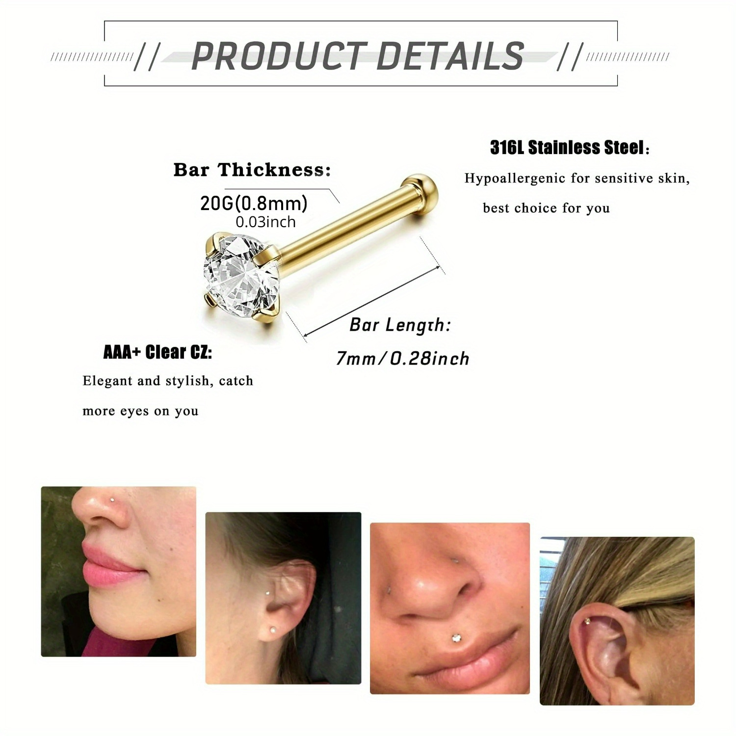 florideco surgical stainless steel hypoallergenic nose rings Temu