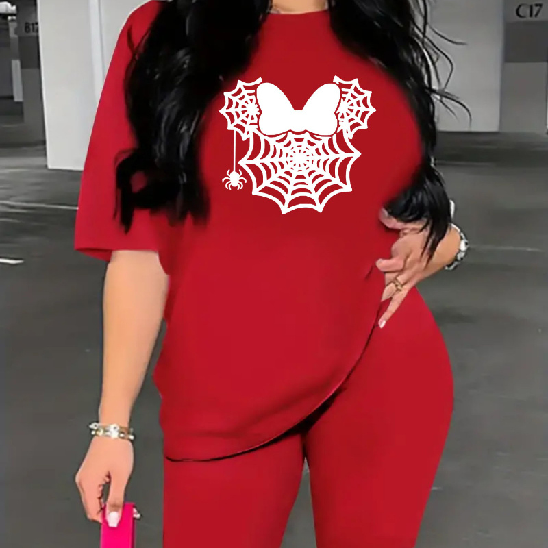 

Spider Net Print Two-piece Set, Casual Short Sleeve T-shirt & Biker Shorts Sports Outfits, Women's Clothing