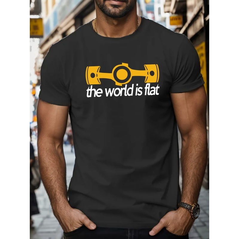 

Men's "the World Is Flat" Graphic T-shirt - Casual Polyester Crewneck, Short Sleeve Summer Top With , Machine Washable