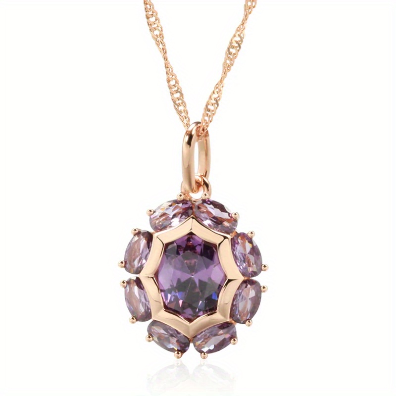 Image of 1pc Sparkling Oval Purple Stone Pendant Necklace For Women Luxury Golden Color Jewelry For Pretend Play