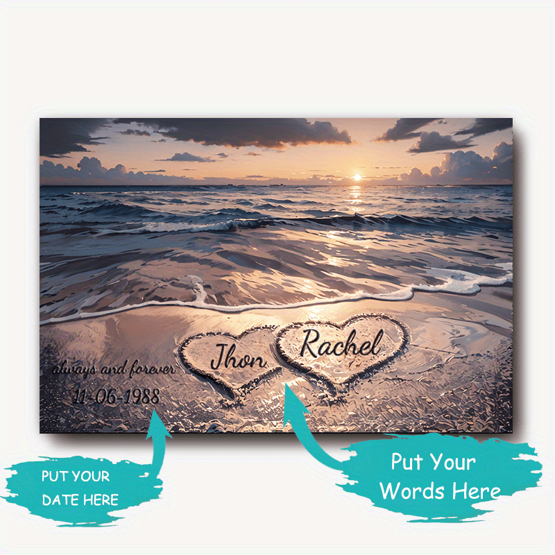 

1pc Customizable Unframed Canvas Poster, Personalized Love Beach Seaside Landscape Poster, Custom 2 Name And 1 Date, Perfect Gift For Friends & Family, Wall Art, Home Decor