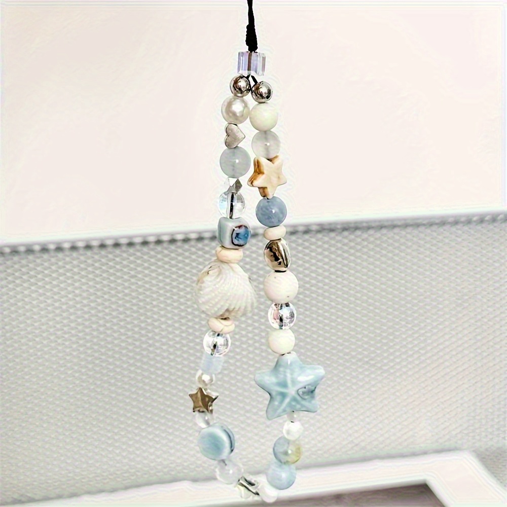 

Cute Charm Chain Blue Star Seashells Beaded Phone Strap Flower Phone Lanyard Keychain Woman Girl Bag Pendant For Iphone Protective Case