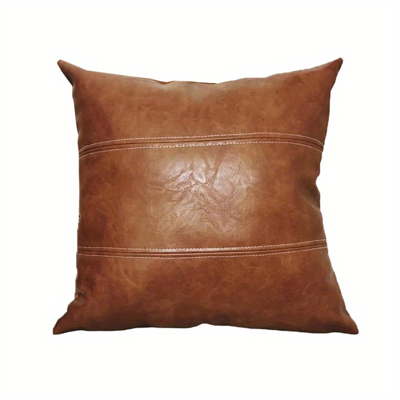 TEMU 1pc 100% Faux Leather Vintage Throw Pillow Cover, Brown Thickened Boho Farmhouse Bedroom Living Room Sofa Bed Square Pillowcase