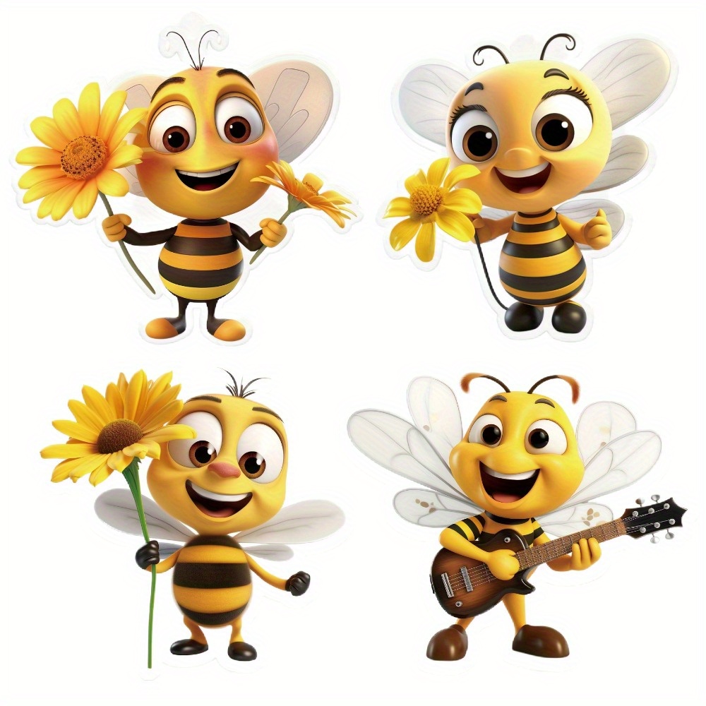 

4pcs/set Adorable Acrylic Bee Charms, 2d Flat Cartoon Bee Pendants With Flower & Guitar, Car Mirror & Backpack Ornaments, Quirky Home Decor, Unique Teen Accessories