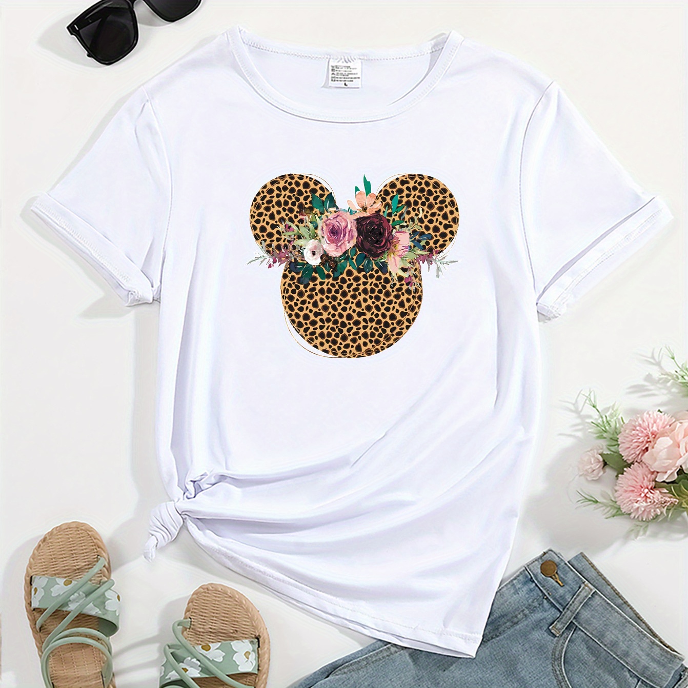 

Leopard Print Cartoon Mouse & Floral Graphic Short Sleeves Sports Tee, Round Neck Workout Causal T-shirt Top, Women's Activewear