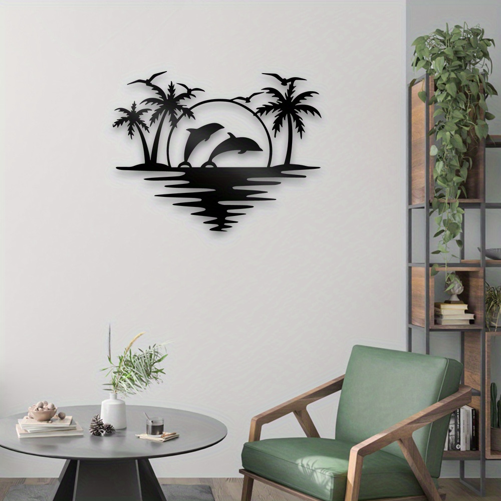 

1pc Metal Wall Art Creative Dolphin Coconut Tree Beach Iron Indoor Outdoor Crafts, Indoor Art Decoration, Great For Living Room Bedroom, Hallway, Outdoor Outdoor Wall Decoration