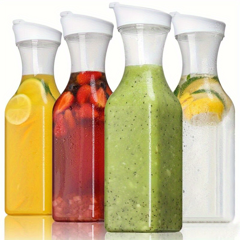 

Lot de 4 Bouteilles Carrées Transparentes en PET pour Jus avec Couvercles à Rabat Scellables - Parfaites pour les Boissons et le Stockage des Aliments