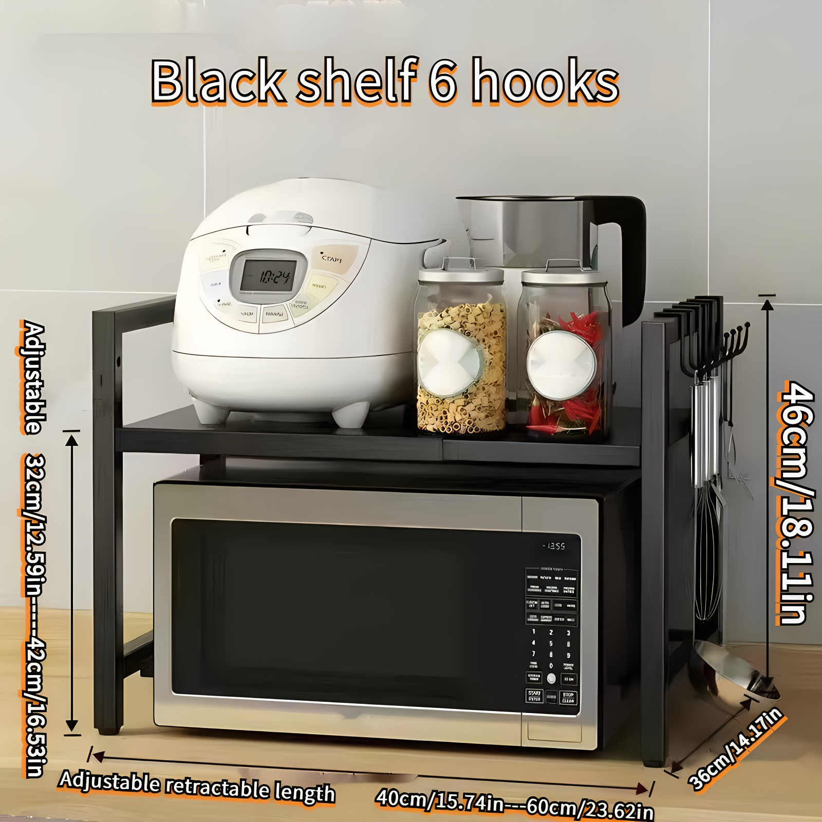 TEMU Étagère extensible robuste pour micro-ondes, charge maximale 50 kg, étagère de comptoir en acier au 40-62 cm avec double support et 6 crochets,