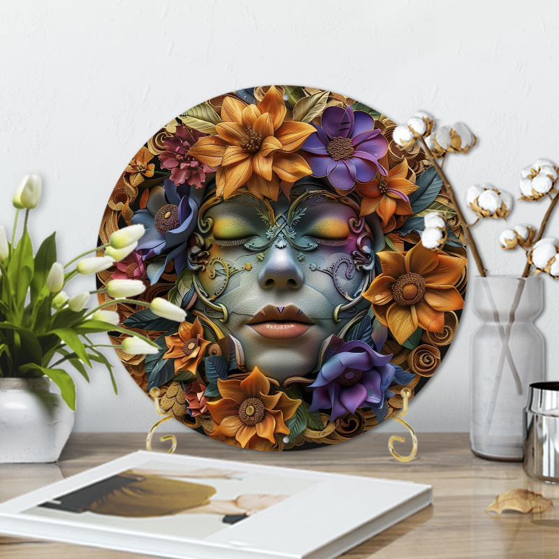 

1pc 8x8 Inch 2d Aluminum Metal Circular Wreath Sign A Circular Artwork Featuring An Ornamented Face And Flow (4) Used For Home Coffee Shop And Restaurant Themed Wall Decoration