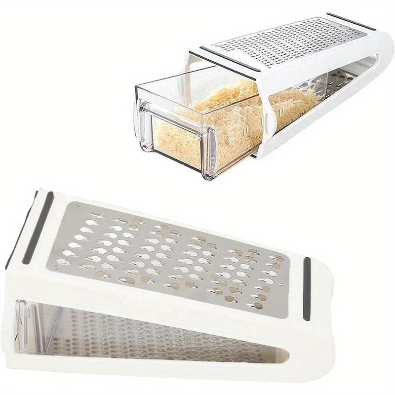 

1pc, Cheese Grater, Stainless Steel Cheese Grater With Container, Double-sided Blades For Vegetables, Carrot, Cucumber Slicer Cutter, Durable Kitchenware Tool, Kitchen Gadget