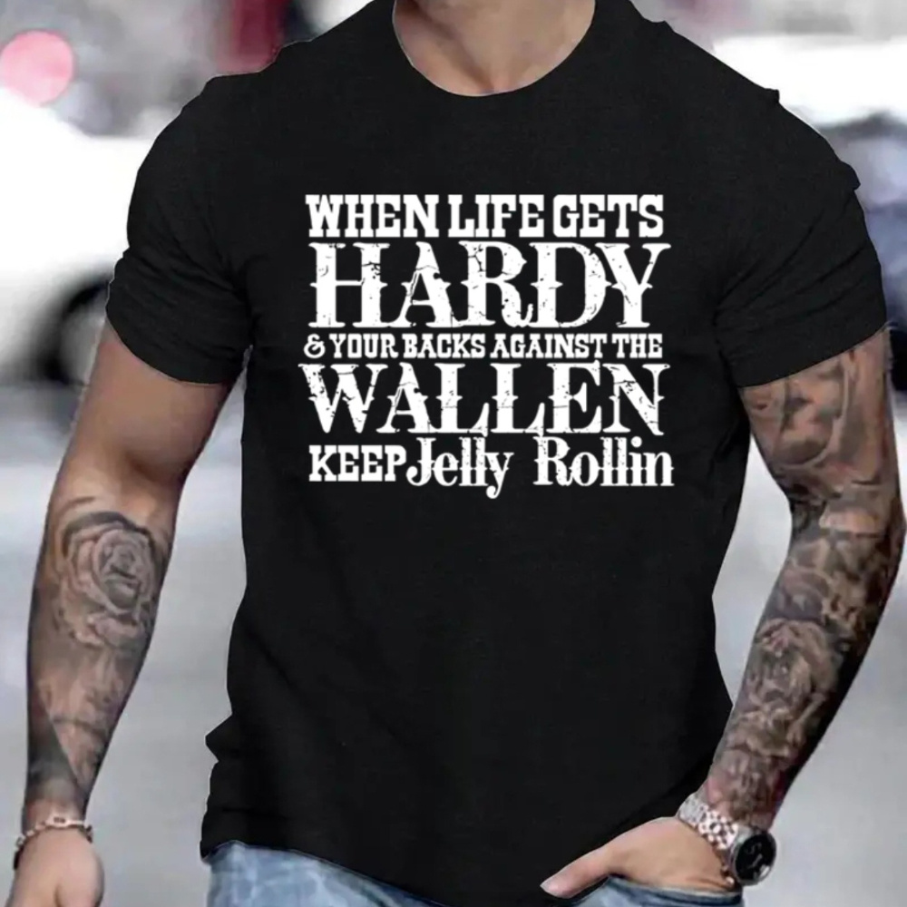 

Hardy Wallen Print Men's Crew Neck Fashionable Short Sleeve Sports T-shirt, Comfortable And Versatile, For Summer And Spring, Athletic Style, Comfort Fit T-shirt, As Gifts